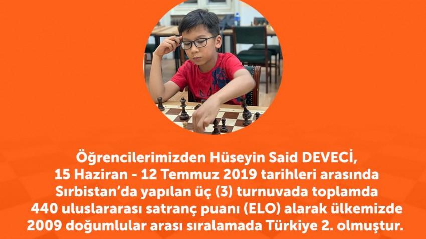 Öğrencilerimizden Hüseyin Said DEVECİ, Satranç Turnuvasında 2009 Doğumlular Sıralamasında Türkiye 